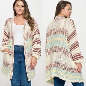 Net 153 Oversized Balloon Sleeve Open Front Cardigan, Multicolor Stripe, M/L